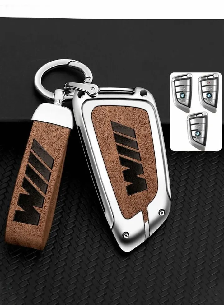 For BMW Key Fob Cover Case, Zinc Alloy & Genuine Cowhide Cover Key Holder for BMW 2 5 6 7 X1 X2 X3 X5 X6 Series Full Cover Protection Smart Remote Keyless Key Fob Shell