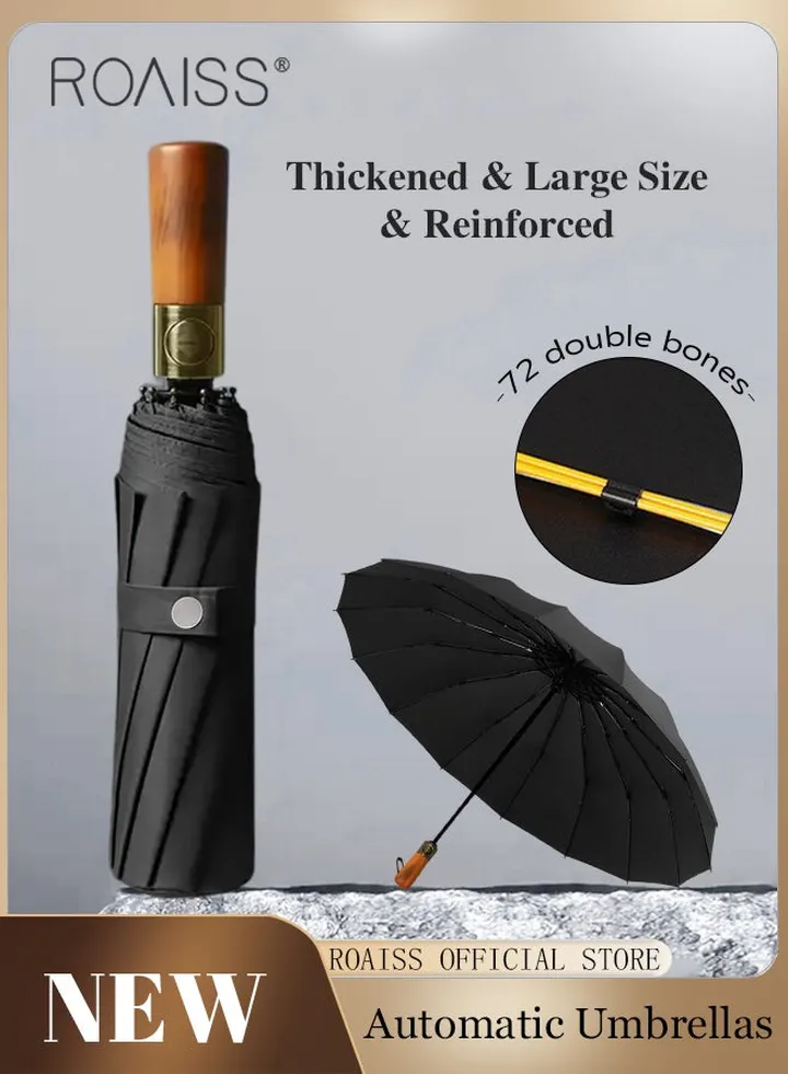 Unisex Multi Functional Semi Automatic Umbrella with Wooden Shaft Windproof Reinforced Dual Person Business Style 72 Rib Large Canopy Semi Automatic Umbrella for Rain or Shine