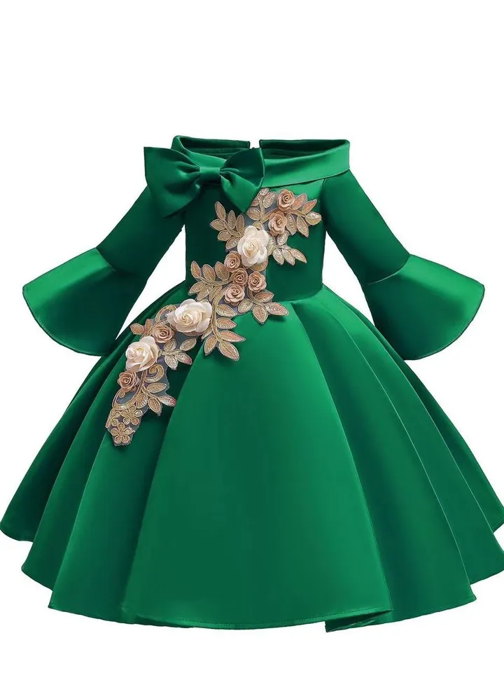 Half Sleeve Satin Elegent Lace Flower Girls Dress Green Color