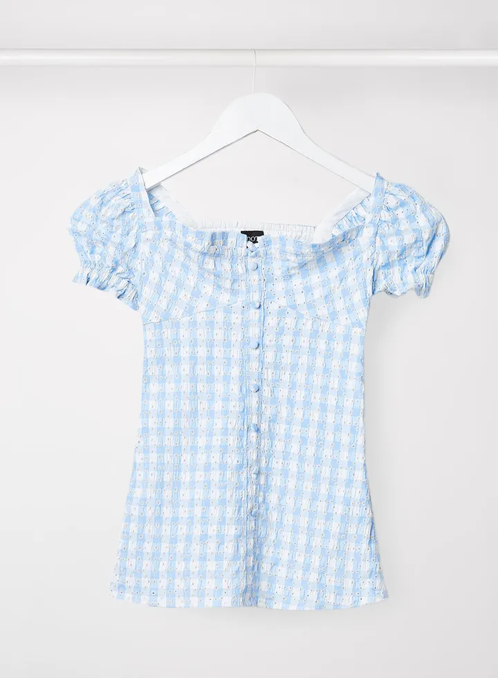 Kids/Teen Gingham Print Broderie Dress Blue