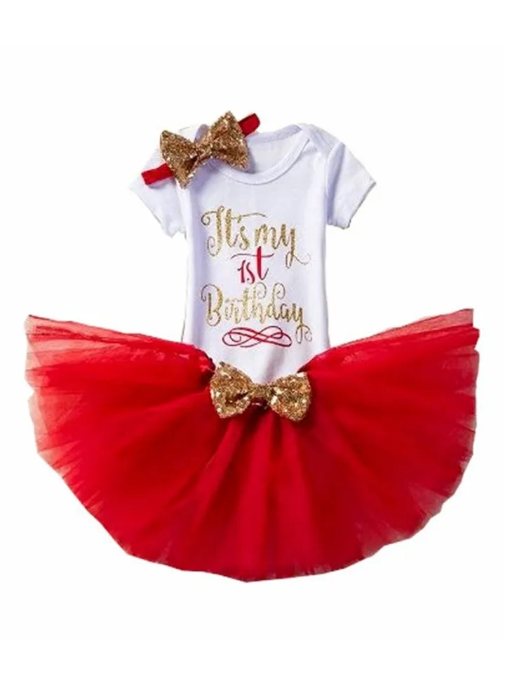 1st Birthday Tutu Dress With Headband Red/White