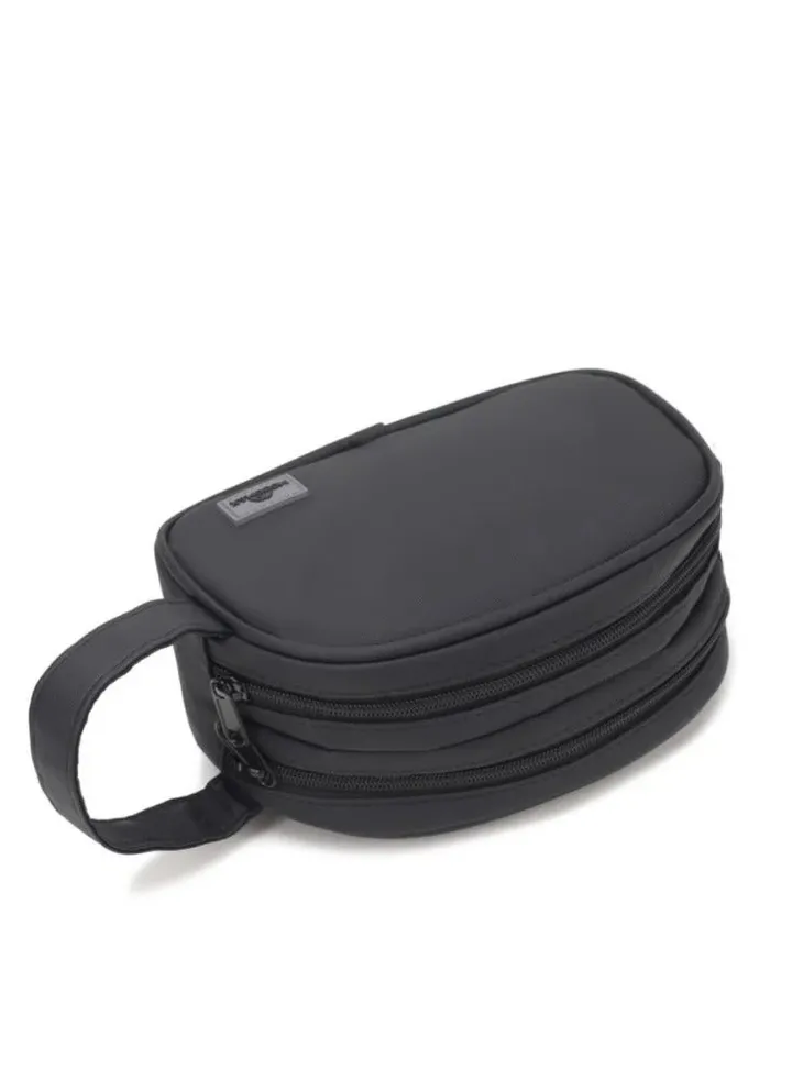 A handy storage bag with two zippers, waterproof, with a handle, two storage areas, and a USB port, made of fabric, suitable for carrying items, black