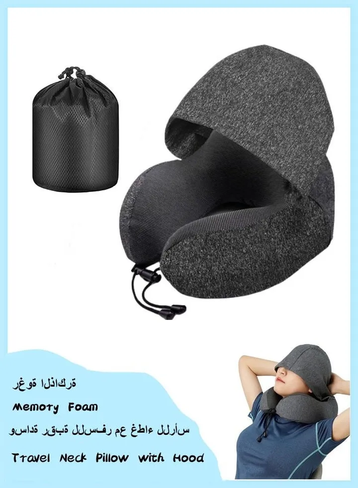 Neck Pillow for Travel Memory Foam Travel Pillow with Hood Adult Airplane Pillow for Head Rest Neck Support Portable Pillow for Office Cars Trains Long Flights Sleeping (Black)
