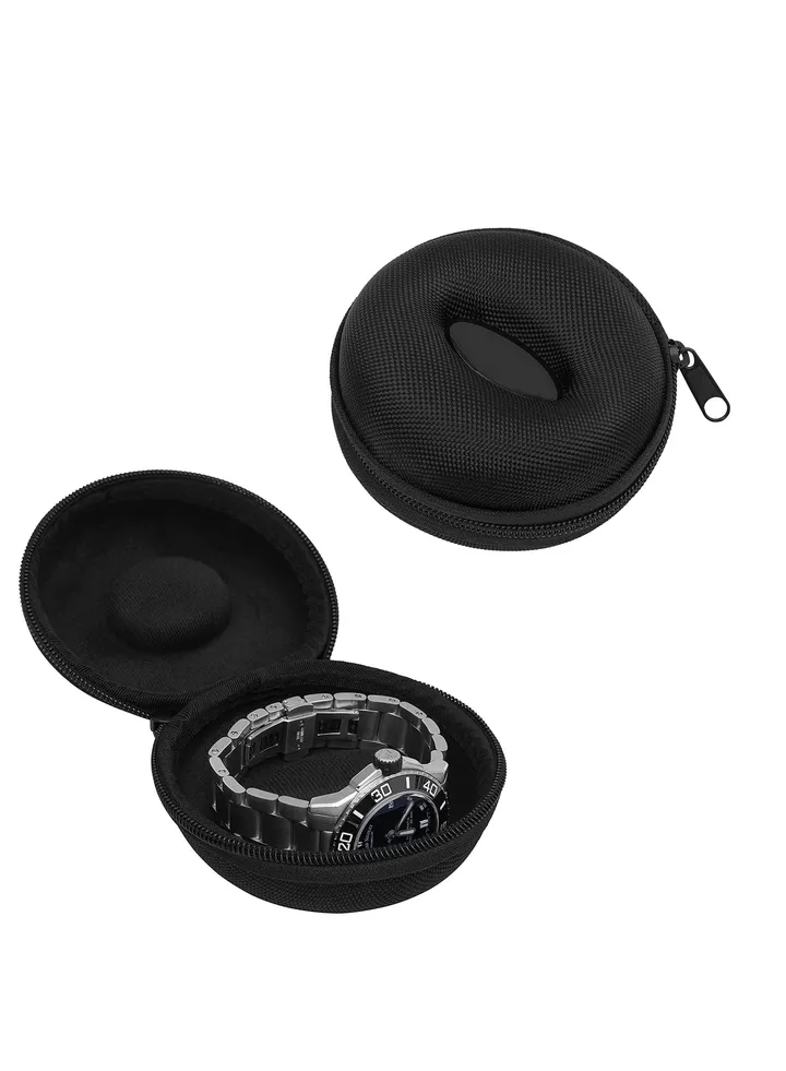 Watch Case Travel Single Watch Storage Box Zipper for Cushioned Round Portable Watch Case for Women Men Travel Fits All Wristwatches Smart Watches Box Leather Up to 50mm Black
