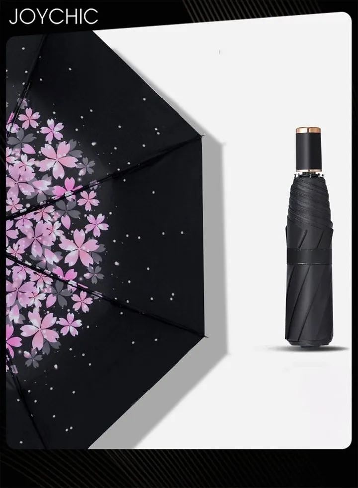 Anti-UV Sun And Rain Print Umbrella With 8 Ribs Folding Travel Umbrella Black/Pink