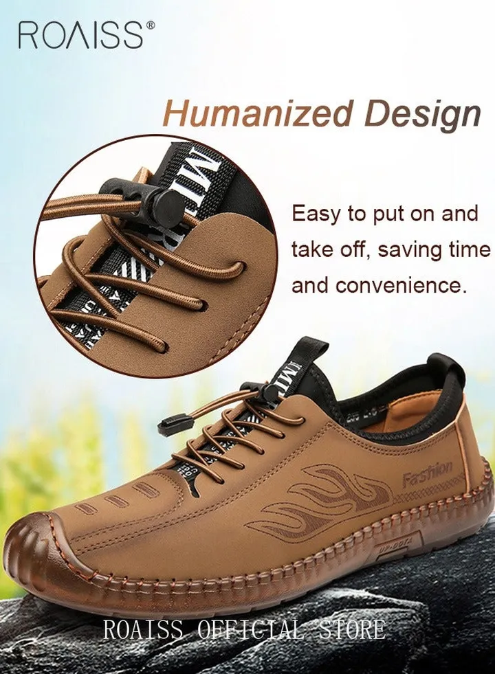 New Mens Casual Drawstring Non-slip Soft Sole Flat Shoes Fashion Round Toe Shoes Daily Hand Stitched Leather Shoes