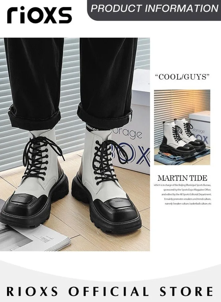 Men's Fall Winter Fashion Casual Ankle Boots Waterproof Leather Boots for Man 8-Eye Lace Up Mid-high Heel Boots With Comfortable Soles