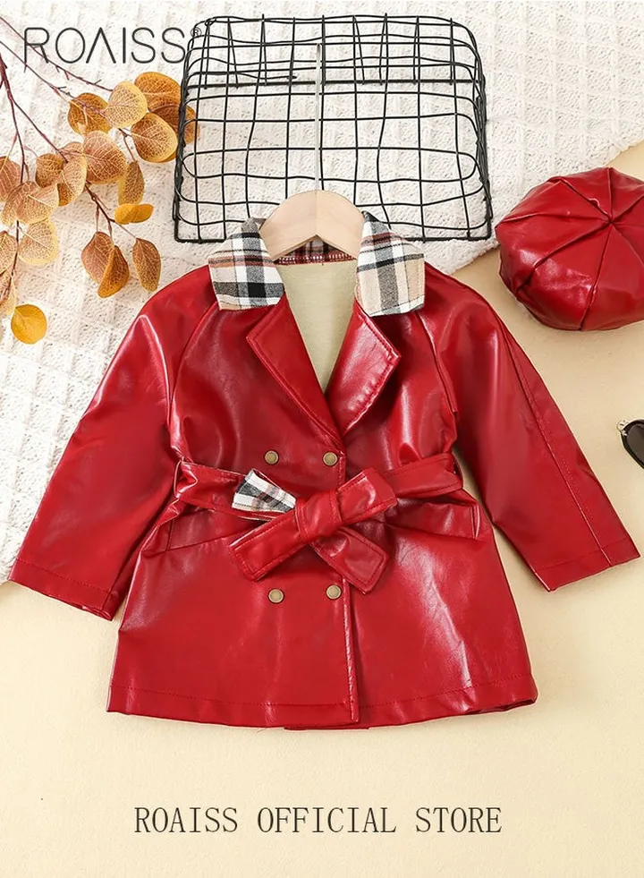 Kids Faux Leather Belted Double Breasted Colorful Check Trench Coat Girls PU Full Sleeves Solid Long Coat