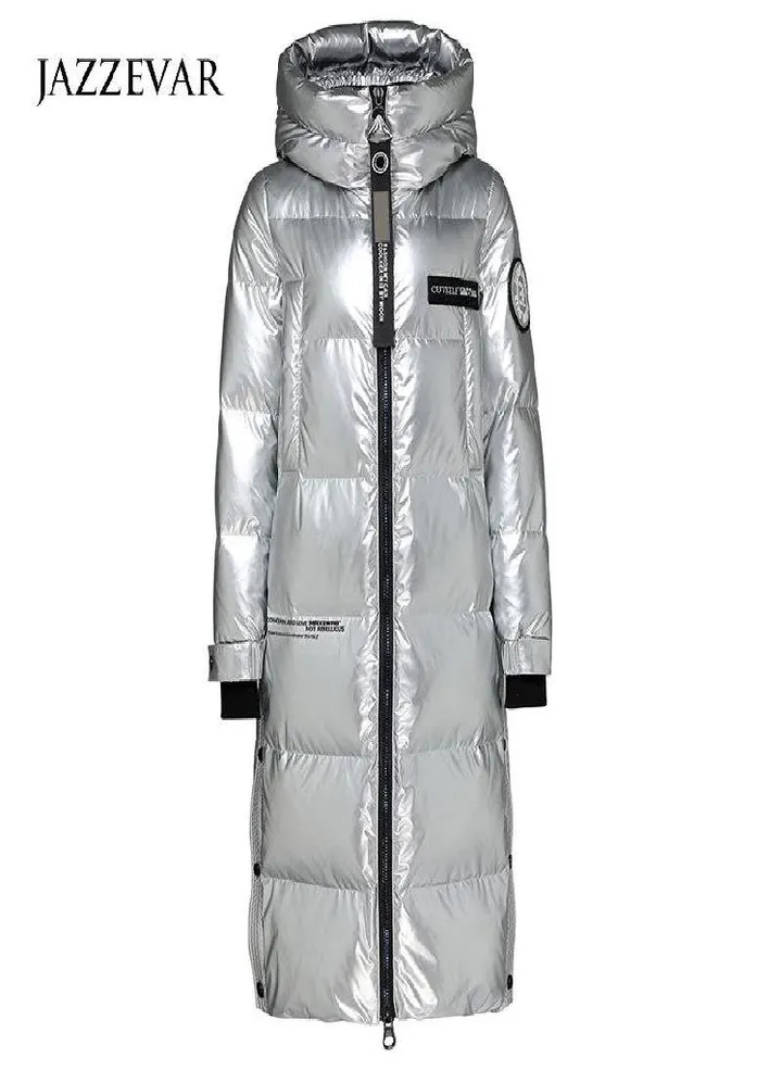 JAZZEVAR Women's Winter Silver Extended Thickened Down Jacket Fashion Knee Length Winter Coat