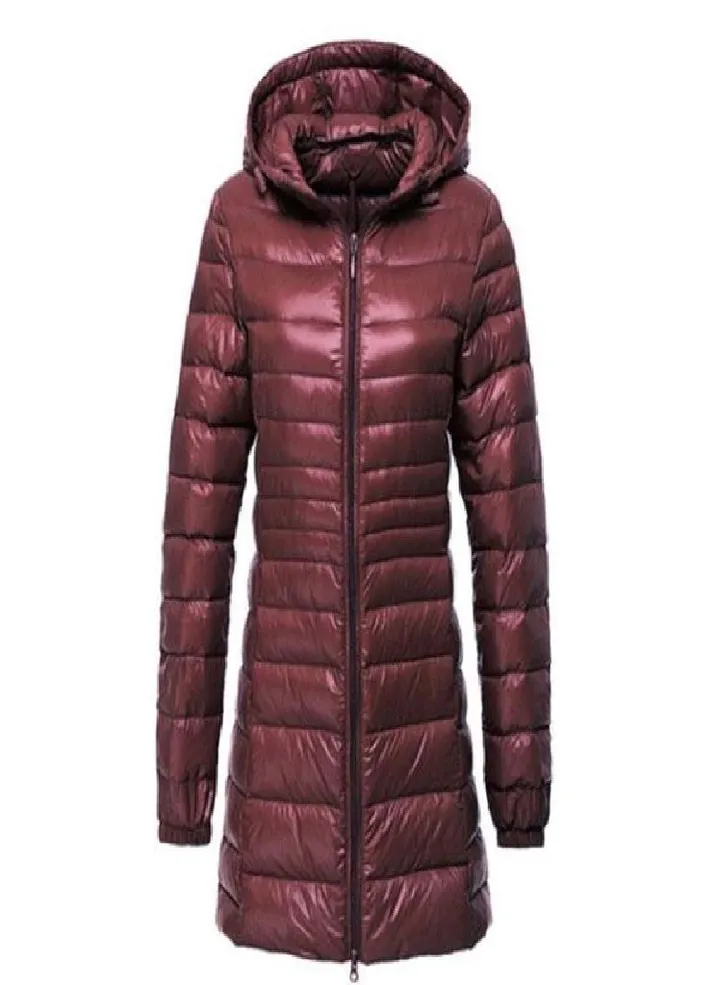 Women's Winter Long Down Jacket Ultra Light White Duck Down Warm Slim Parkas Coat Casual Hooded Coat