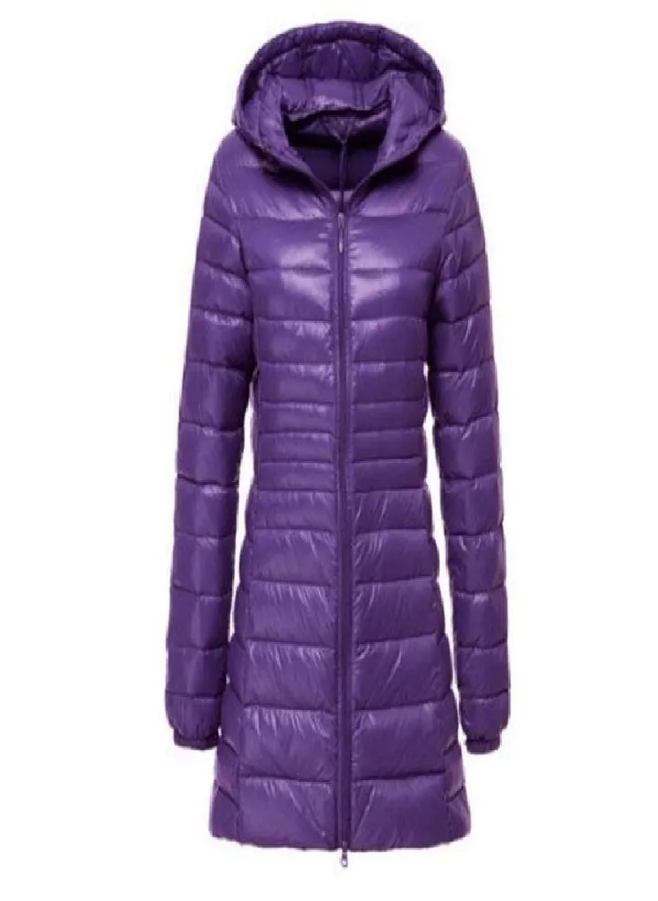 Women's Winter Long Down Jacket Ultra Light White Duck Down Warm Slim Parkas Coat Casual Hooded Coat
