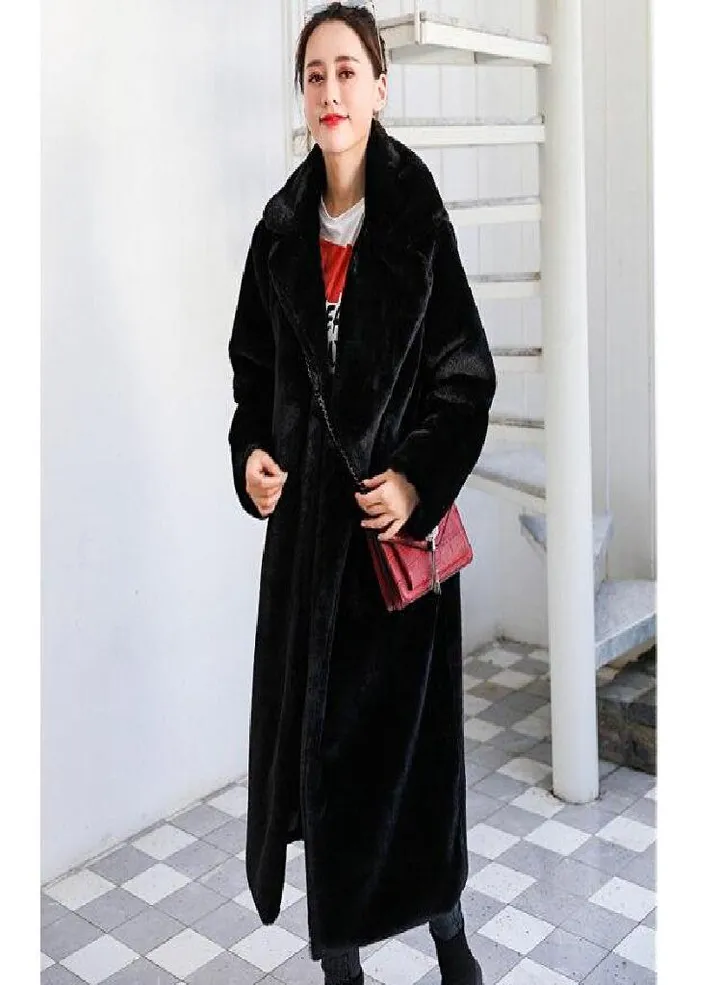 Women Winter Warm Faux Fur Coat Thick Women Long Coat Turn Down Collar Women Warm Coat With Belt Casaco Feminino
