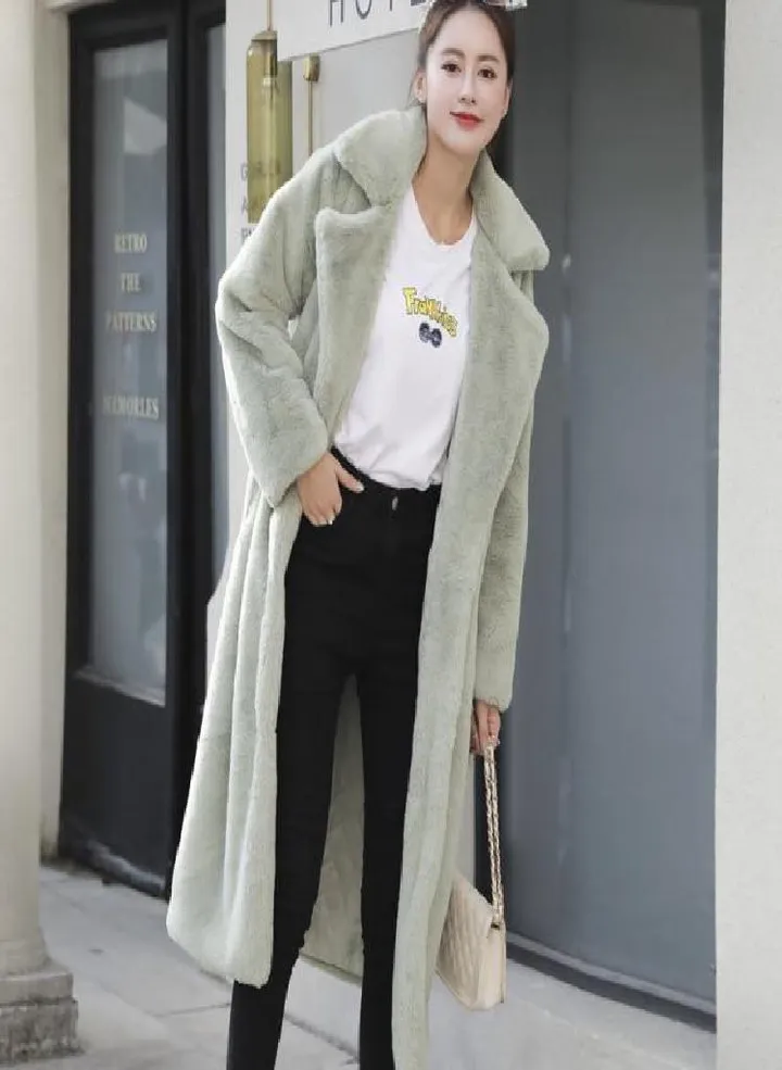 Women Winter Warm Faux Fur Coat Thick Women Long Coat Turn Down Collar Women Warm Coat With Belt Casaco Feminino