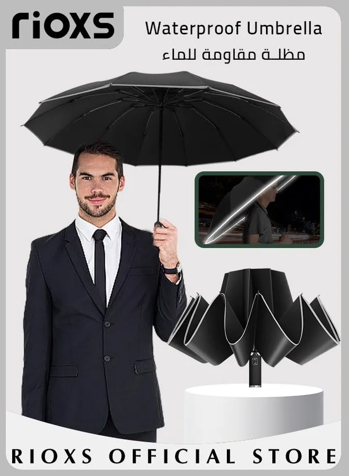 Inverted Compact Automatic Folding Umbrella Windproof Travel Umbrella with Reflective Strip Portable Reverse Automatic Strong Wind Resistant Umbrella in Car Backpack and Purse