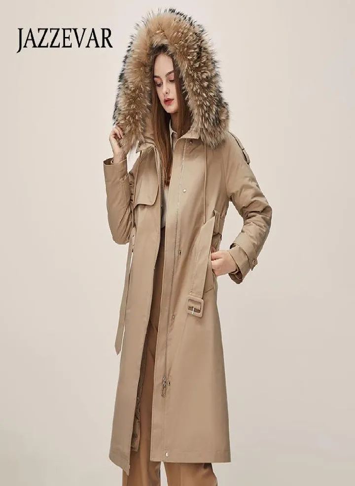 JAZZEVAR Women's Thickened Down Jacket New Winter Hooded Raccoon Fur Collar Slim Design Coat Double-deck Parka Coat