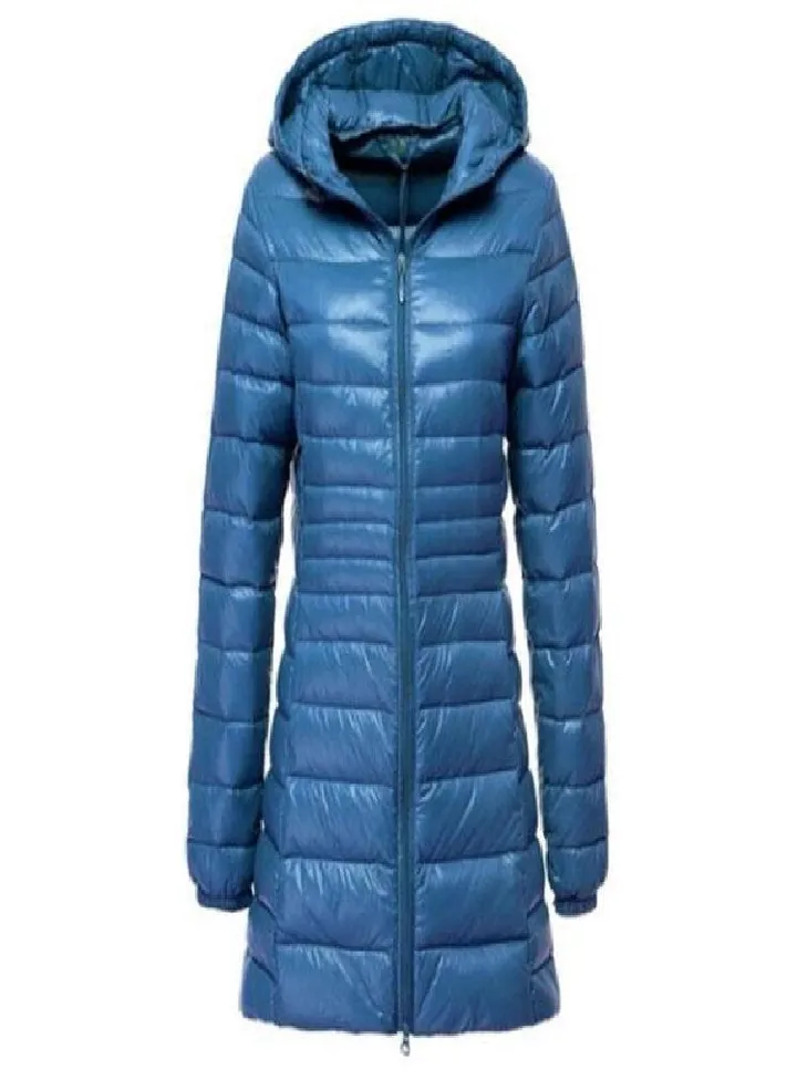Women's Winter Long Down Jacket Ultra Light White Duck Down Warm Slim Parkas Coat Casual Hooded Coat