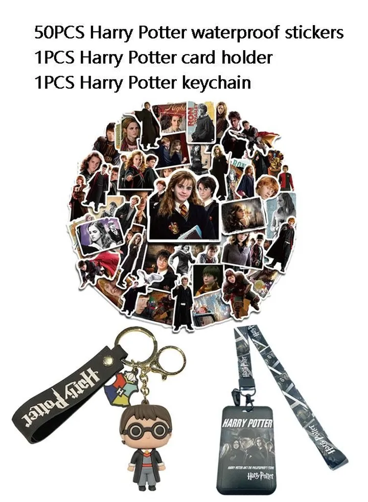 52PCS Harry Potter Combination Set (Including 50 Waterproof Stickers 1 Keychain 1 Card Holder)