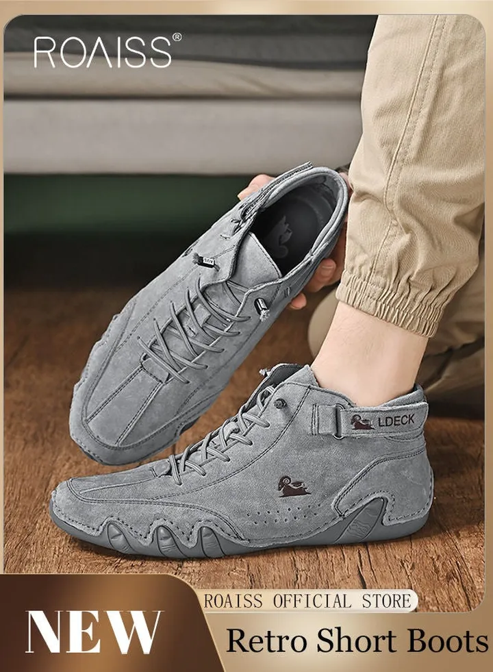 Men’s Soft Leather Ankle Casual Loafers Lace-Up Anti Slip Walking Shoes Men's Tooling Style Martin Boots Men Casual Mid Top Leather Boots Men's Boots Ankle Lace Up Casual Boots