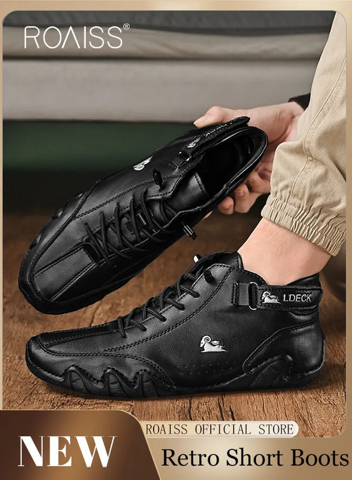 Men’s Soft Leather Ankle Casual Loafers Lace-Up Anti Slip Walking Shoes Men's Tooling Style Martin Boots Men Casual Mid Top Leather Boots Men's Boots Ankle Lace Up Casual Boots