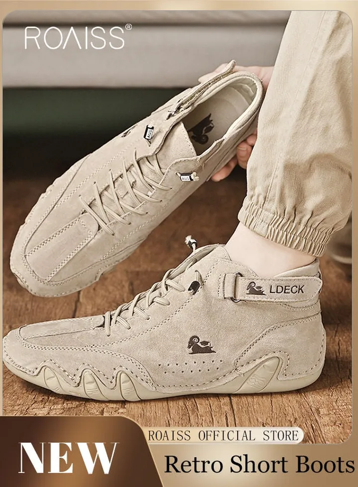 Men’s Soft Leather Ankle Casual Loafers Lace-Up Anti Slip Walking Shoes Men's Tooling Style Martin Boots Men Casual Mid Top Leather Boots Men's Boots Ankle Lace Up Casual Boots