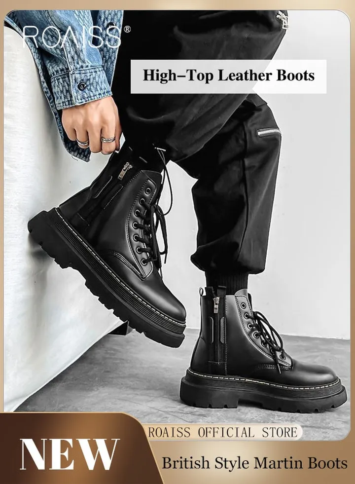 Men Martin Boots British Style Motorcycle Boots with High Cuts Work Boot Design Side Zipper and Front Lace Decoration