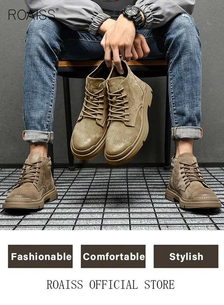 Men’s Soft Leather Ankle Casual Loafers Lace-Up Anti Slip Walking Shoes Men's Tooling Style Martin Boots Men Casual Mid Top Leather Boots Men's Boots Ankle Lace Up Casual Boots