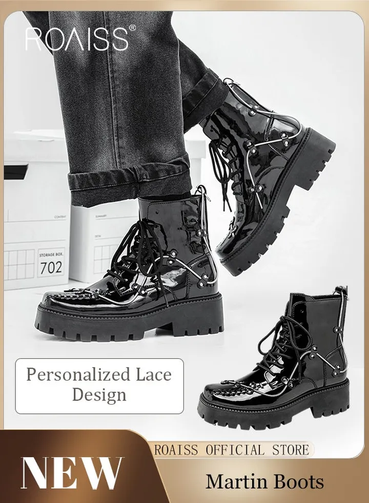 Martin Boots for Men Personalized Lace Up Solid Leather Boots Mens Square Toe Chelsea Boots Business Men Thick Soles Heightening and Slimming Ankle Boots