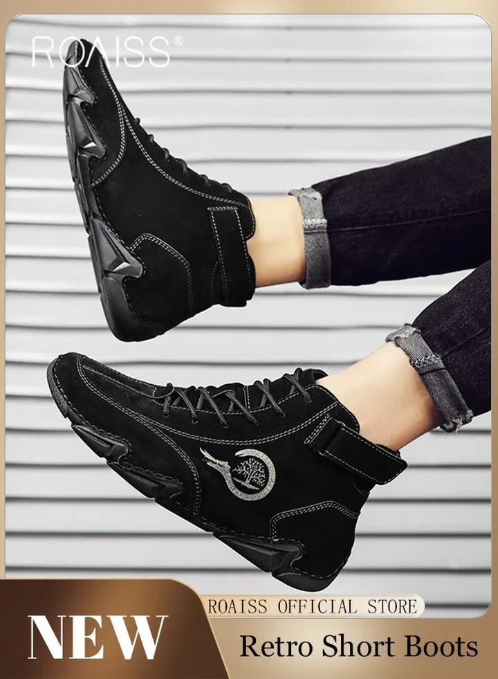 Men’s Soft Leather Ankle Casual Loafers Lace-Up Anti Slip Walking Shoes Men's Tooling Style Martin Boots Men Casual Mid Top Leather Boots Men's Boots Ankle Lace Up Casual Boots