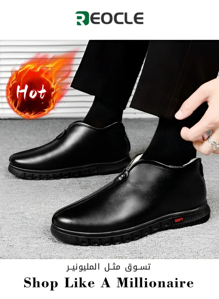 Men's Casual Low-top Leather Shoes Plus Velvet and Thickening Winter Cotton Shoes Non-slip Warm Dad Shoes Middle-aged Elderly Shoes for Men