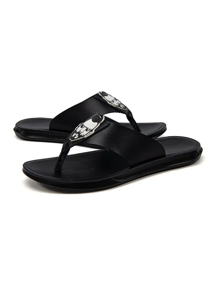 Men's Beach Sandals, Premium Leather Flip-Flop Slides, Compression Molded Footbed & Comfort Fit