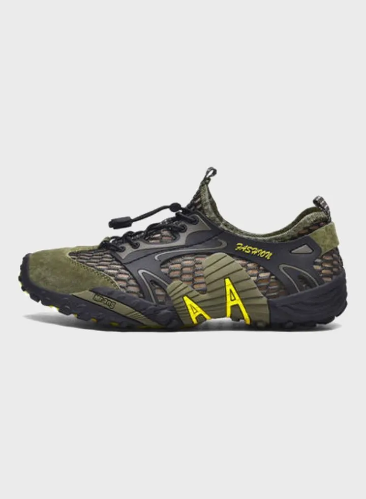 Lace-Up Detail Hiking Shoes Green/Black/Yellow
