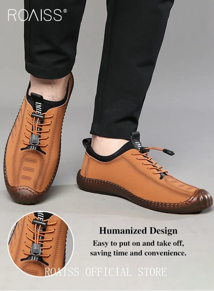 New Mens Casual Drawstring Non-slip Soft Sole Flat Shoes Fashion Round Toe Shoes Daily Hand Stitched Leather Shoes