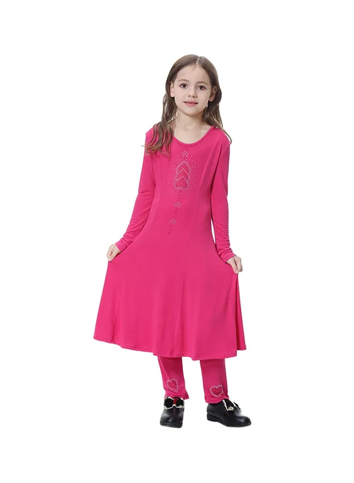 Solid Pattern Round Neck Dress Pink
