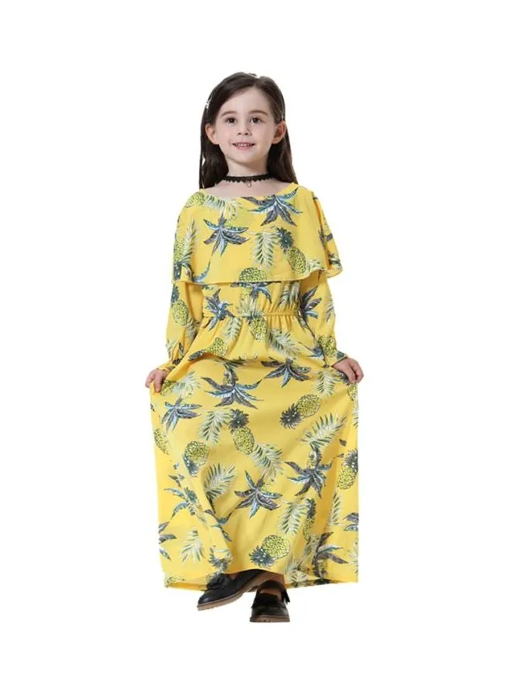 Girls Boat Neck Maxi Dress Yellow/Grey/Green