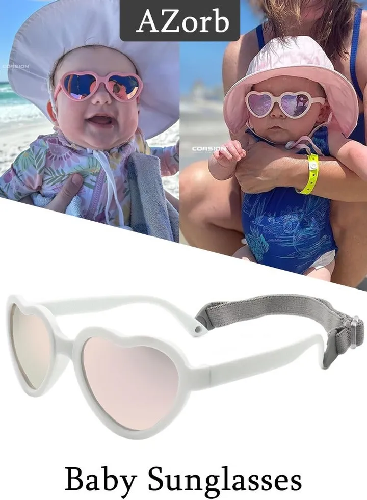 Polarized Baby Sunglasses with Adjustable Strap Heart Sun Glasses Unbreakable Soft Frame Shades Toddler Newborn Kids for Boys Girls Ages 0-3 White