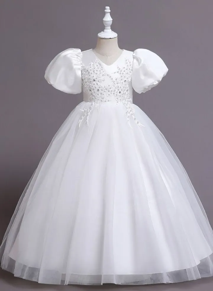Children's New Fashion Princess Puff Sleeve Festive Dress For Birthday Party White Color