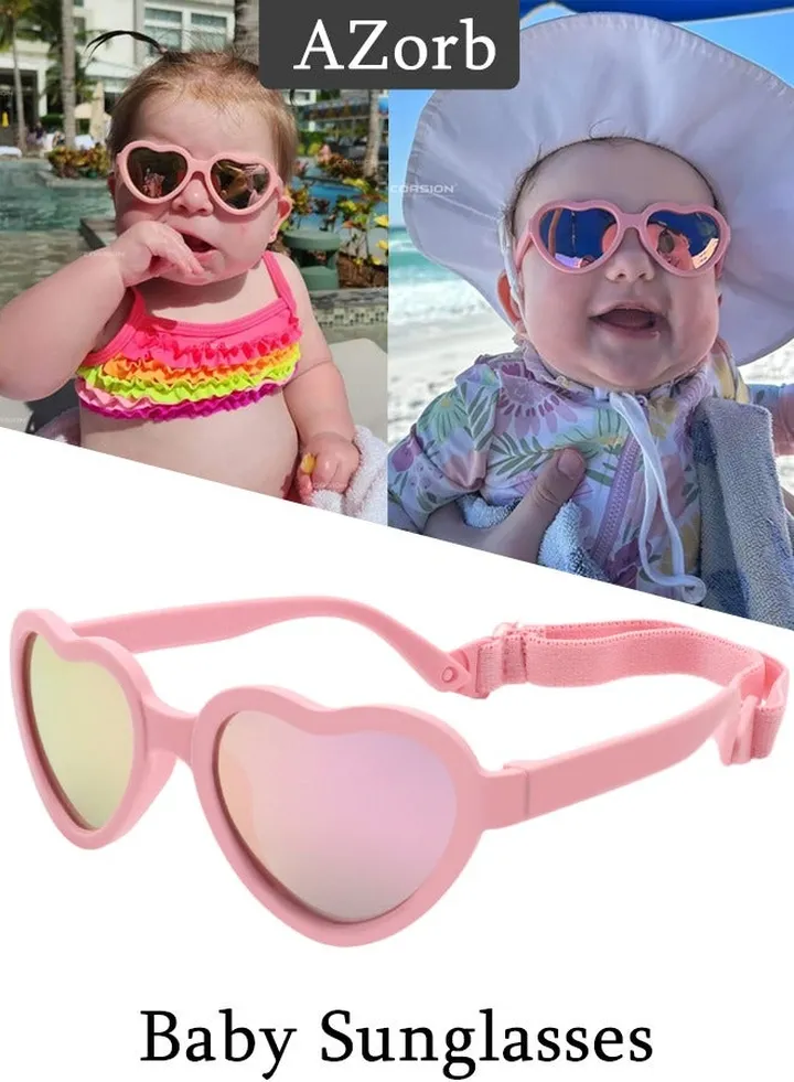 Polarized Baby Sunglasses with Adjustable Strap Heart Sun Glasses Unbreakable Soft Frame Shades Toddler Newborn Kids for Boys Girls Ages 0-3 Pink