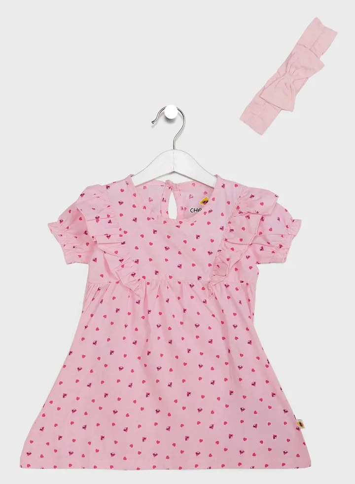 Kids Heart Print Dress With Headband