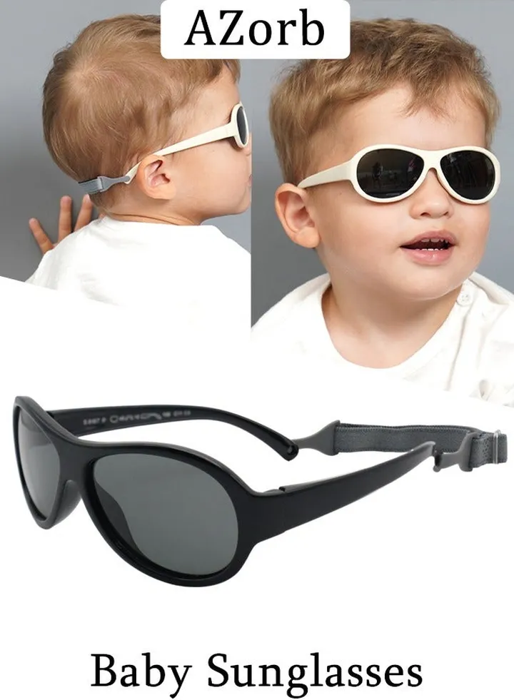 Polarized Baby Sunglasses with Strap Flexible Oval Frame Sun Glasses for Toddler Infant Kids Girls Boys Babies for Age 0-3 Black