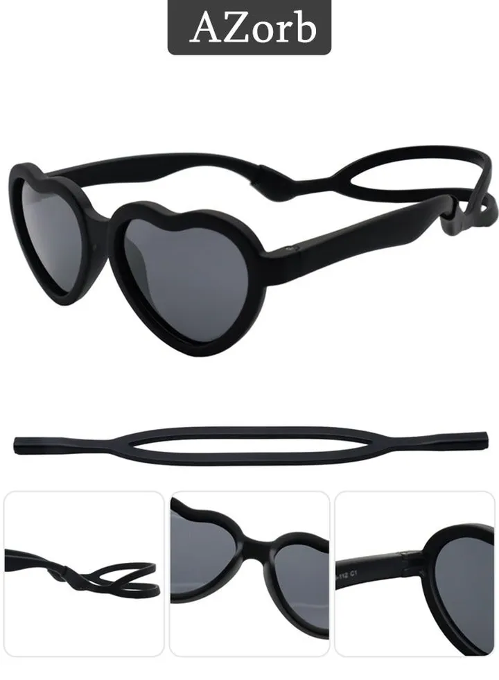 Baby Sunglasses with Silicone Strap Polarized Heart Shaped Shades TPE Frame Sun Glasses Adjustable for Kids Boys Girls Toddler Infant Age 0-3 Years Black