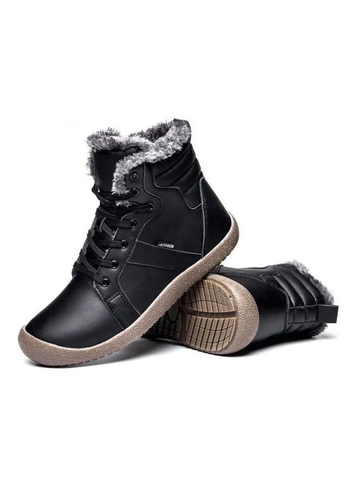 Fur Detail Lace-Up Ankle Boots Black