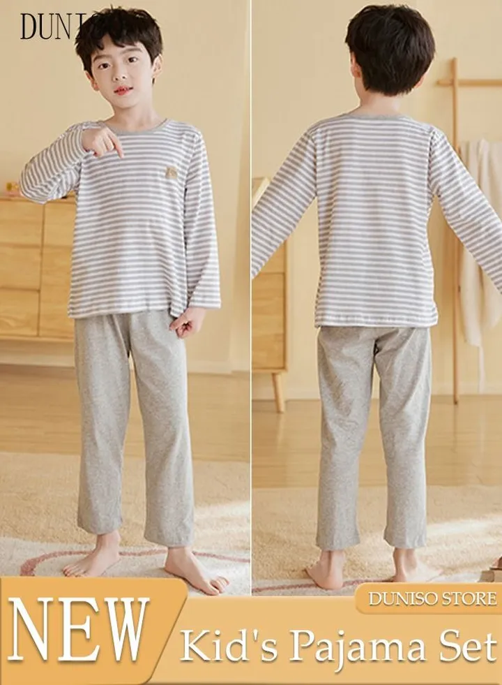 2-Piece Boy's Soft Pajamas Set Long Sleeve Cotton Sleepwear Loungewear Round Neck Nightwear Striped Pajama Sets Spring And Autumn Home Wear Long Sleeve Top And Pants