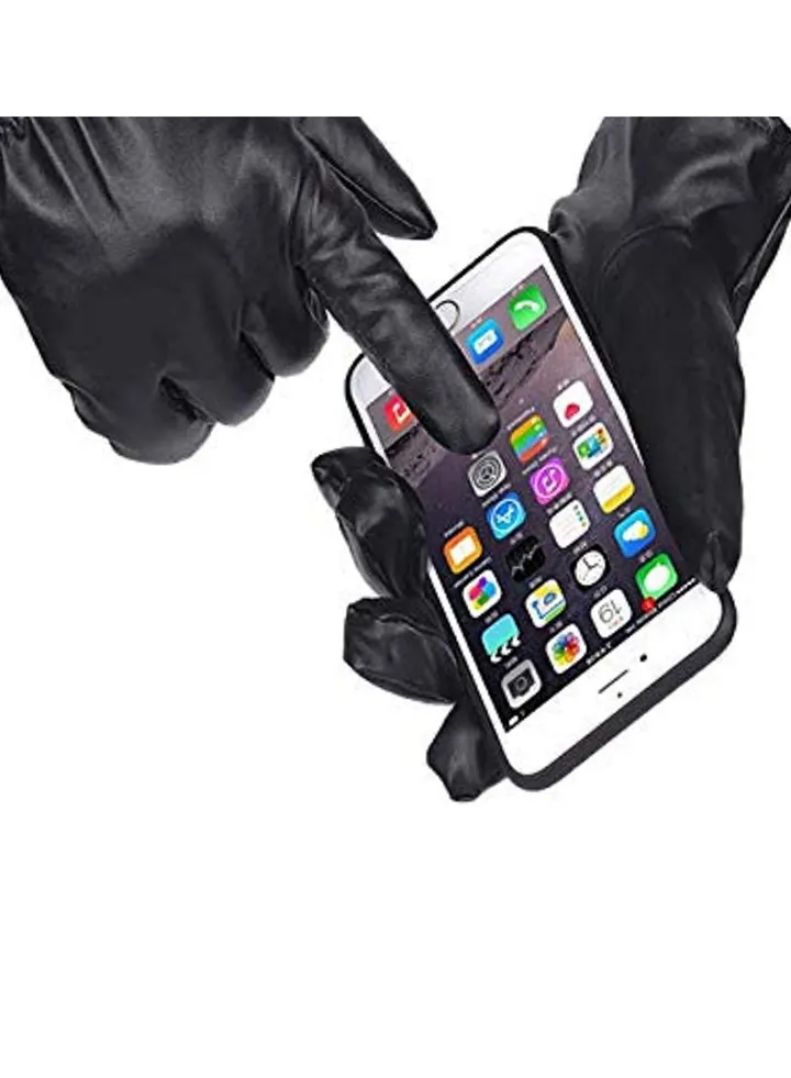 Mobile touch fingers leather unisex baded winter gloves
