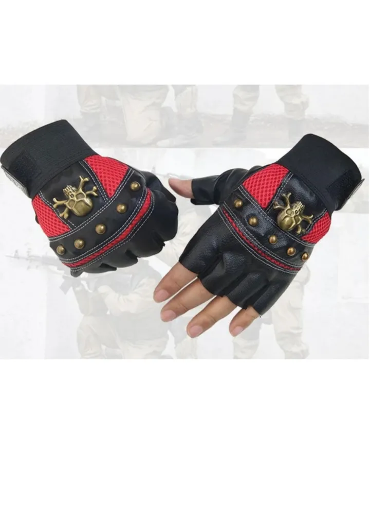 Leather Half Fingers Skull Gloves For Sports activities And Motorcycle