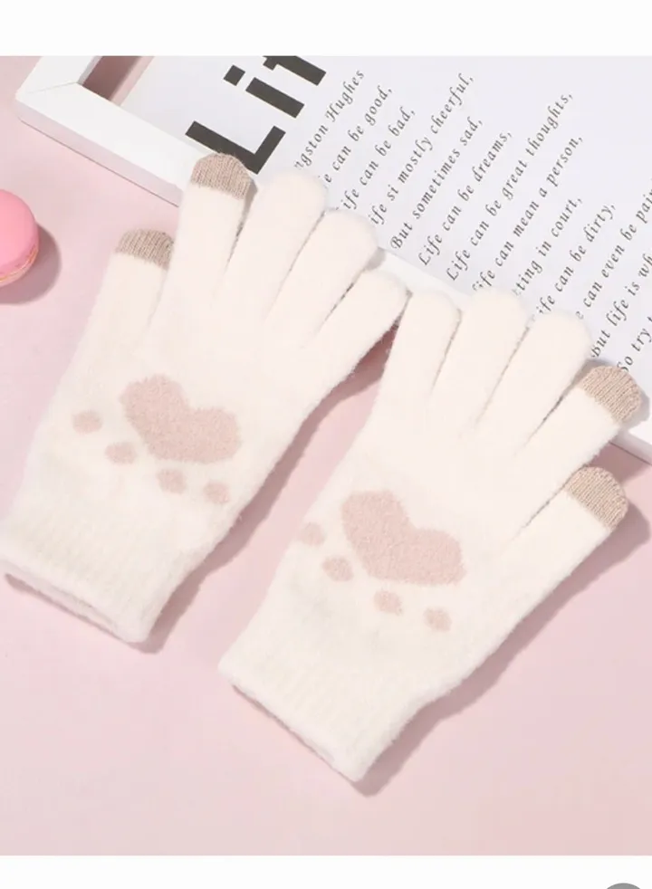 Women girly heart mobile screen touch fingers winter wool gloves
