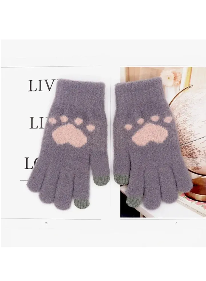 Women girly heart mobile screen touch fingers winter wool gloves