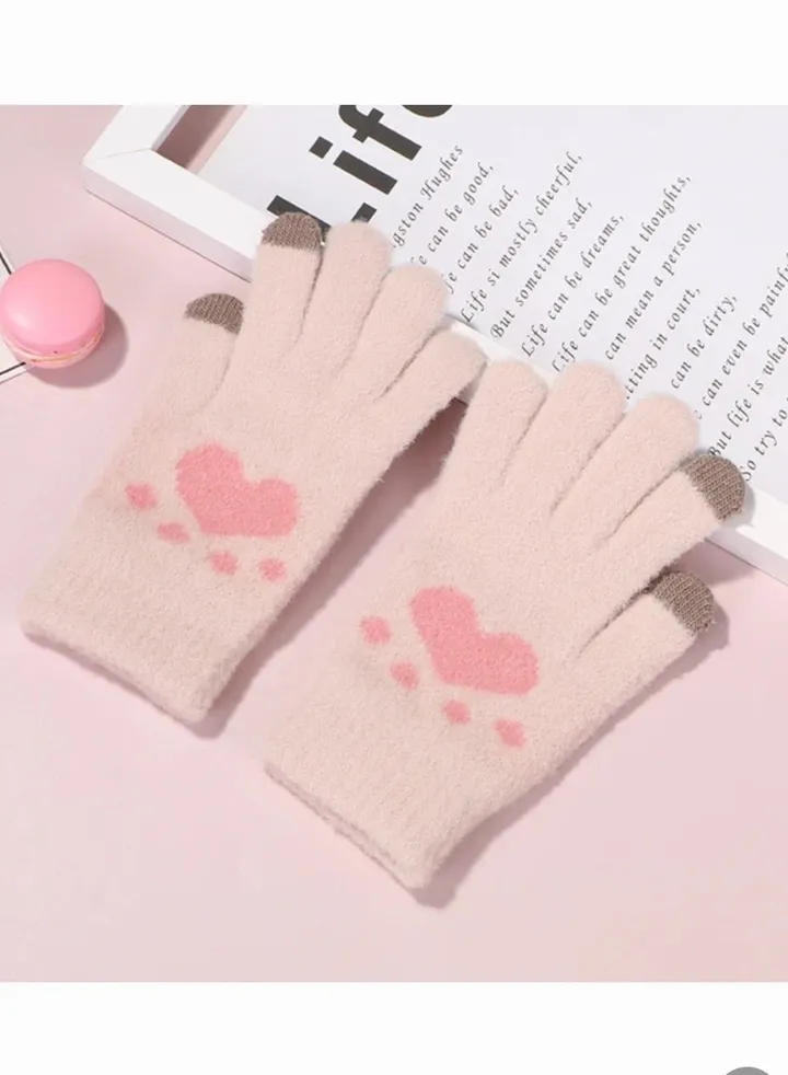 Women girly heart mobile screen touch fingers winter wool gloves