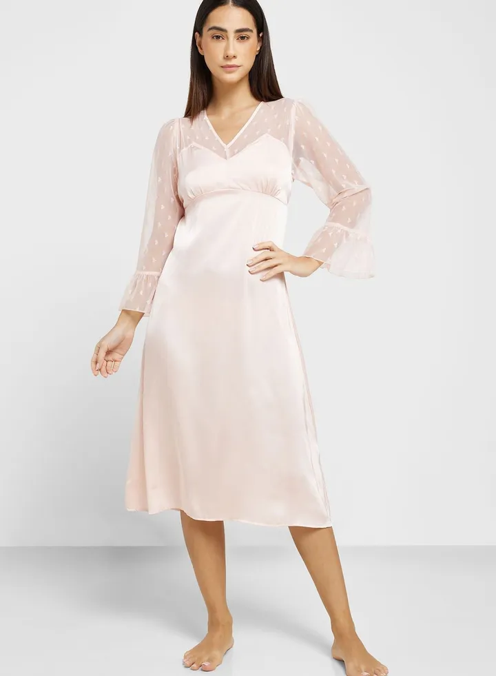 Lace Sleeve Satin Night Slip Dress