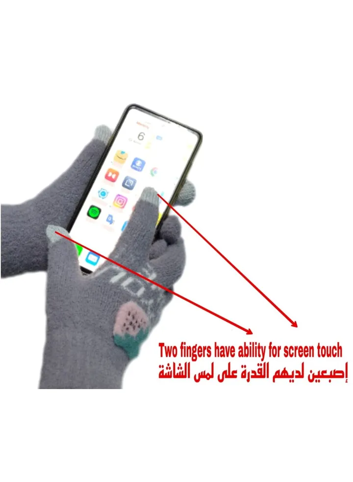 Women girly strawberry mobile screen touch fingers winter wool gloves