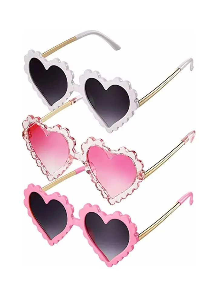 3Pairs Heart Shaped Sunglasses for Kids Kid's Fashion Cartoon Sunglasses Personality Metal Sunglasses Toddler Glasses for 2-10 Years Girl Boy Eyewear Outdoor Beach Party Sunglasses